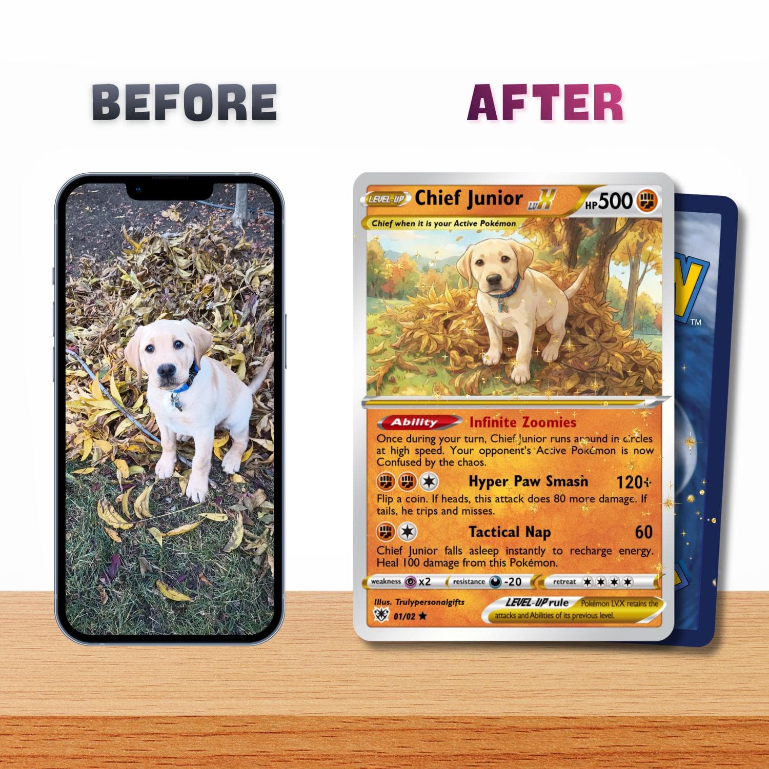 Custom Pet Poke Card, Sword & Shield Lv. X Style, Personalized Dog Portrait, Funny Trading Card Gift, Wood Display, Anime Pet Art - image 2