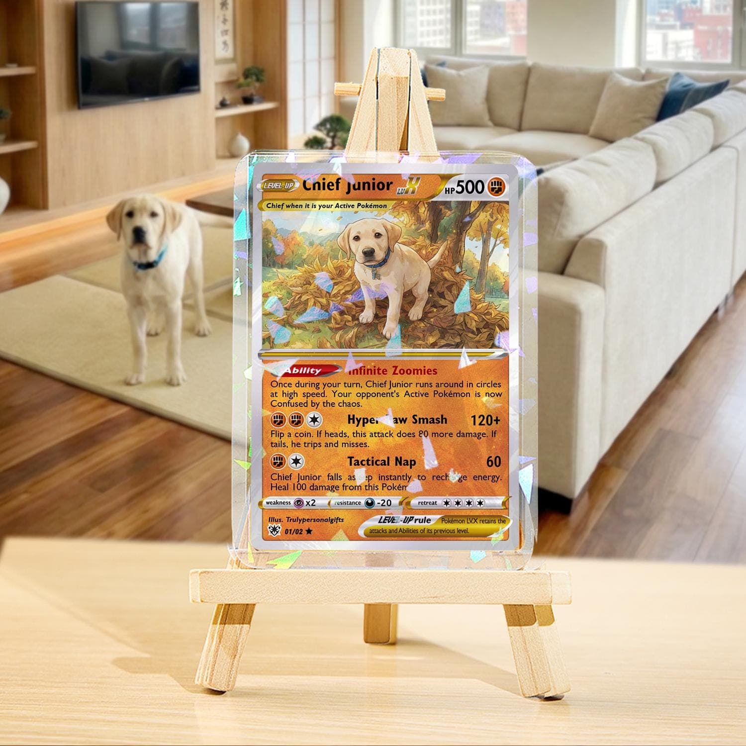 Custom Pet Poke Card, Sword & Shield Lv. X Style, Personalized Dog Portrait, Funny Trading Card Gift, Wood Display, Anime Pet Art - image 3
